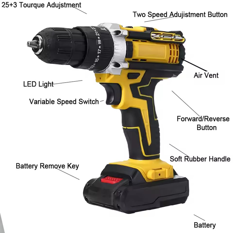 48V Variable 18-Speed Adjustment Impact Cordless Electric Drill Screw Screwdriver Machine Tool Hammer Drill Lithium Battery